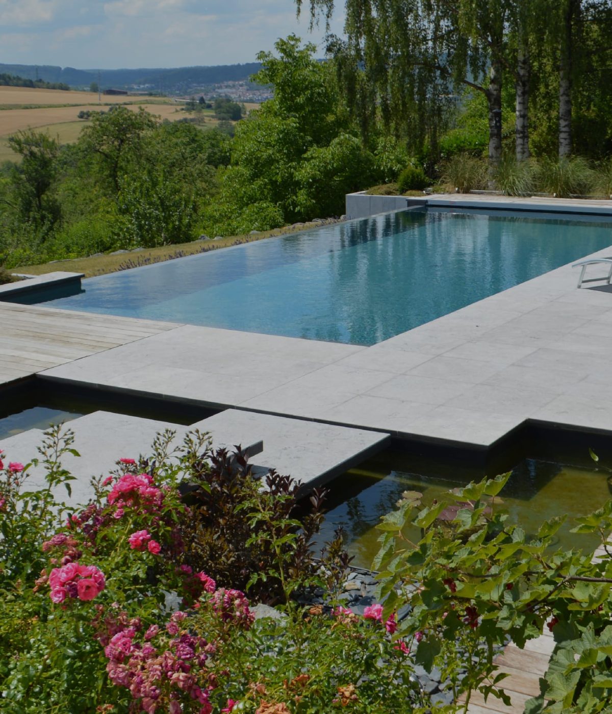 Piscine a débordement avec bassin naturel et terrasse minérale - Qualité Spa & Piscine